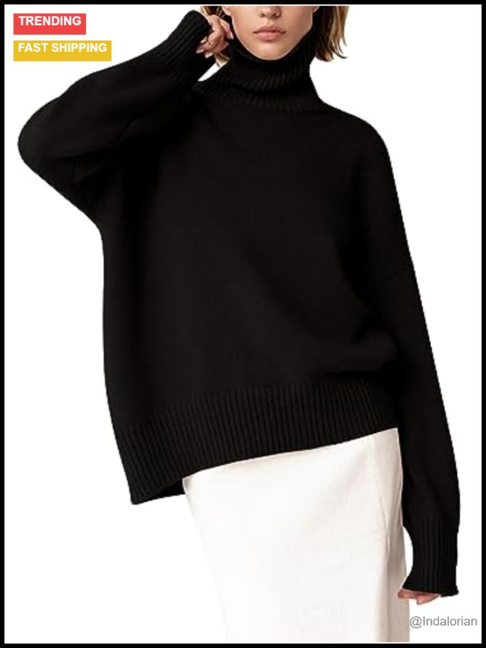 Turtleneck Sweater Chunky Knit Long Sleeve High Low Hem Pullover Jumper